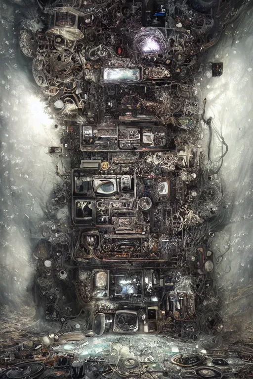 Image similar to the inside of a computer by mahmoud farshchian, mia brownell, very detailed, maximalism, ambient occlusion, volumetric light, atmospheric haze, hyper realism, realistic shading, cinematic composition, realistic render, photorealistic, wide shot