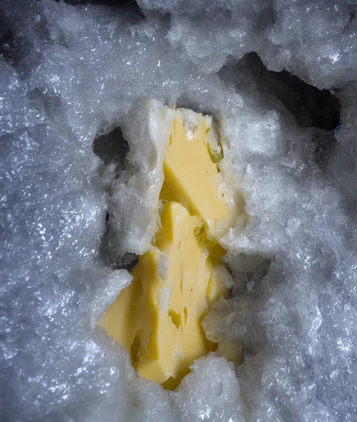 Image similar to cheese inside an ice cavern, 33mm photo