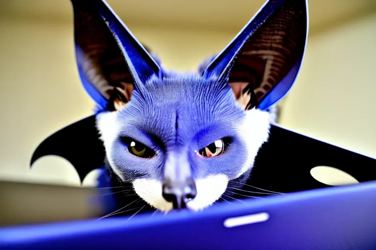 Image similar to a blue - and - black male catbat fursona with blue / green heterochromatic eyes ( differently colored eyes ) and huge bat ears, photo of the catbat streaming on his computer