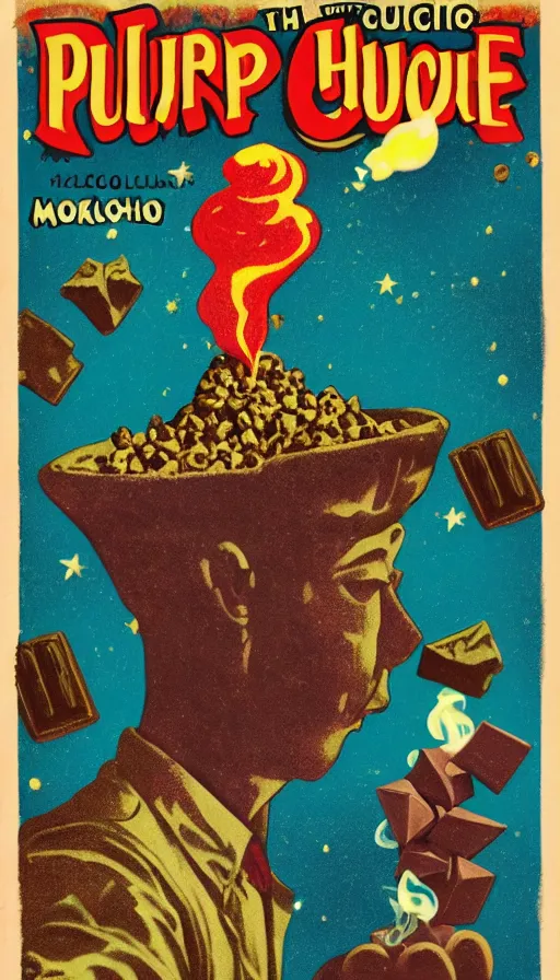 Image similar to pulp cover of a magical chocolate chunks cookie, wizard, fantasy, tetrahydrocannabinol, thc, hallucination, colored smoke, sparkles, sativa, indica, illustration, 5 0 s, risography,