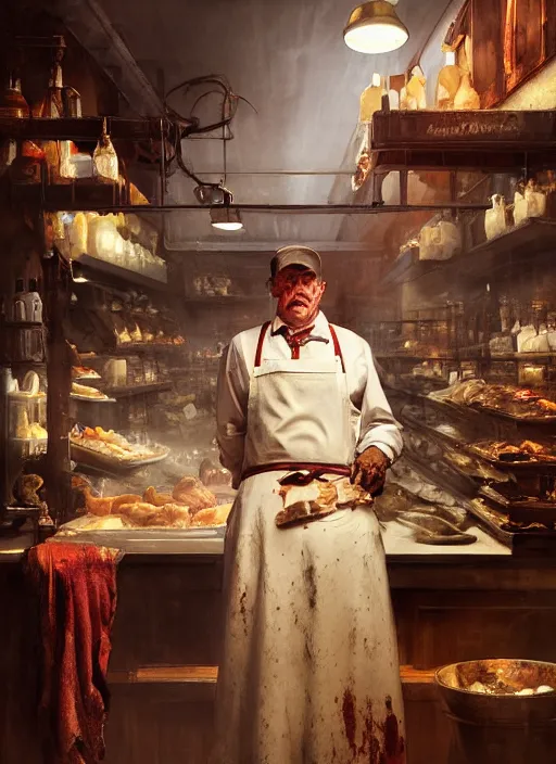 Prompt: portrait of an old butcher, bloodstained apron, at a butcher shop, dramatic lighting, dimly lit, medium view, asymmetrical intricate elegant matte painting illustration, by greg rutkowski and greg tocchini and james gilleard and sargent and leyendecker and greg manchess