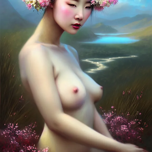 Prompt: beautiful cinematic portrait of an angelic mongolian crowned princess in a sensual pose covered with flowers, sexy face with full makeup, atmospheric lighting, intricate, volumetric lighting, beautiful, sharp focus, ultra detailed, in the art style of bowater, charlie, brom, gerald, with lake baikal in the background, astrophotography