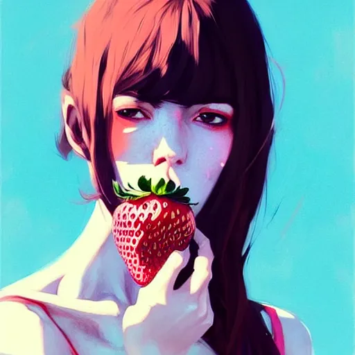 Prompt: a ultradetailed beautiful portait panting of a stylish woman with a strawberry in her mouth, by conrad roset, greg rutkowski and makoto shinkai, trending on artstation