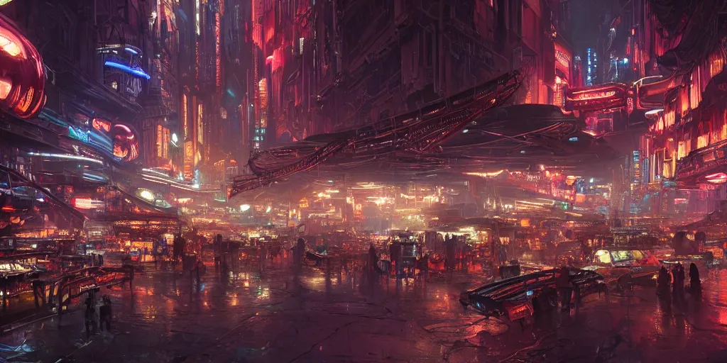 Prompt: screenshot of a vibrant night marketplace in a massive cavernous iron city, neon lights, colossal arcing metal structures high in the cavernous metal interior, sci - fi, beautiful, awe inspiring, fps, by james gurney, greg rutkowski, sparth, thomas kinkaide, cinematography, cinematic masterpiece