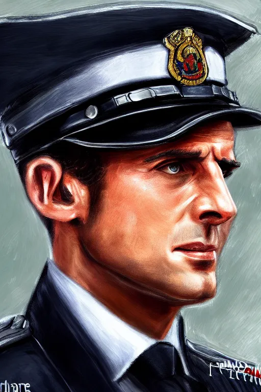 Prompt: emmanuel macron police officer, highly detailed, digital art, sharp focus, trending on art station