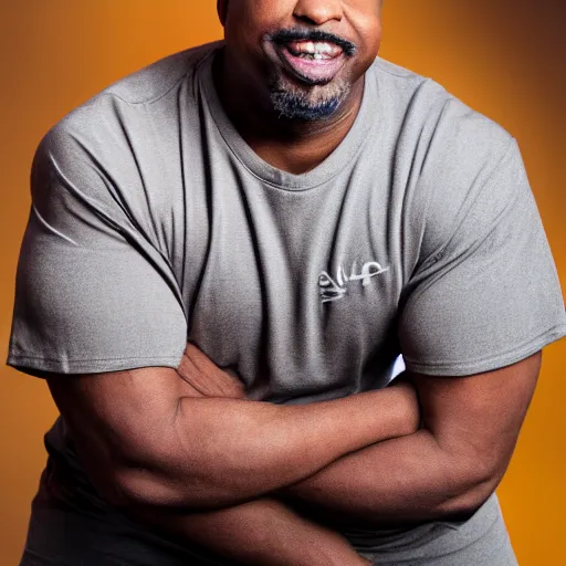 Image similar to a bald middle aged black man with a goatee in an orange gym shirt, high quality portrait