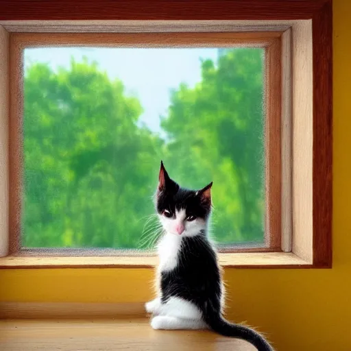 Image similar to cute calico kitten looking out of the window on a [ [ [ [ beautiful ] ] ] ] summer day, profile shot, featured on artstationg, gorgeous!!!