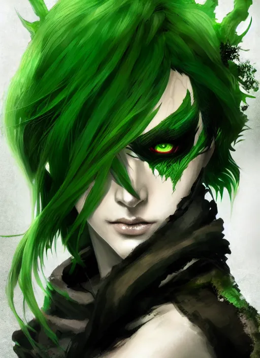 Image similar to Half body portrait of a beautiful dryad blood mage with green hair, black attire, blades for hands. In style of Yoji Shinkawa and Hyung-tae Kim, trending on ArtStation, dark fantasy, great composition, concept art, highly detailed.