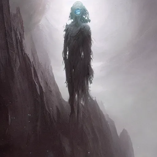 Image similar to a beautiful terrifying immense pale humanoid giant looms over a tiny human. ethereal horror fantasy art by greg rutkowski