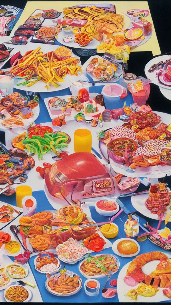 Image similar to 1 9 8 0 s airbrush surrealism illustration of a spread of party food, by ryo ohshita