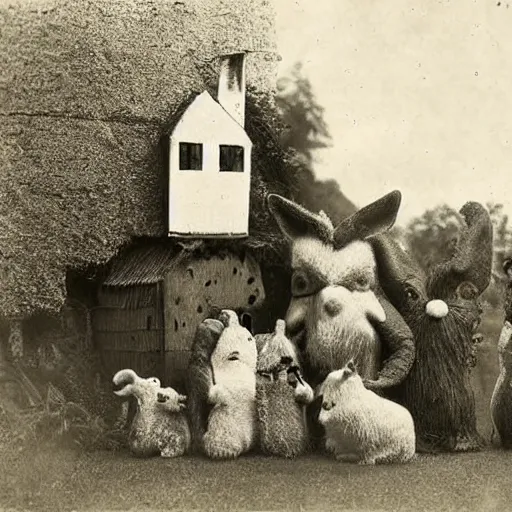 Prompt: isolated village of anthropomorphic animals, 1900s photograph