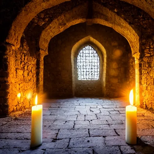 Prompt: the interior of a medieval castle with knights templar, diffused light, candles, mystical