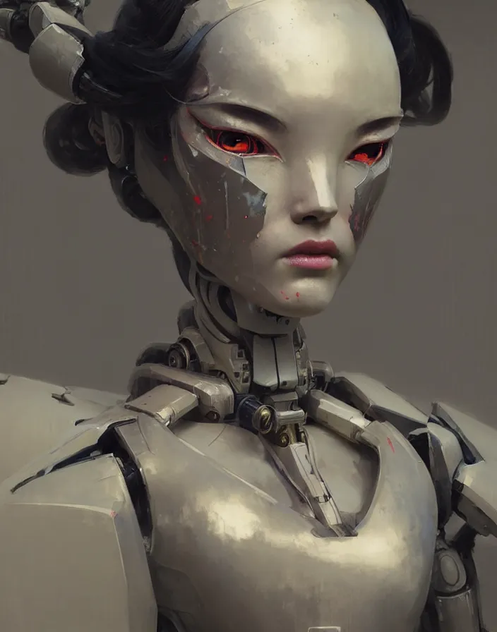 Image similar to portrait of a geisha robot by greg rutkowski and ruan jia, mecha, washed colors, dark, gloomy, matte painting, unreal engine 5