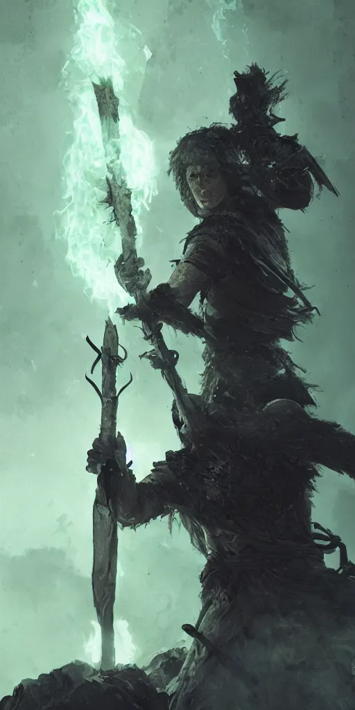 Prompt: a man with a missing an arm holding a spear made entirely of green fire wearing a leather cloak fighting a bad guy made of black smoke, dramatic lighting, cinematic, establishing shot, extremely high detail, photo realistic, cinematic lighting, post processed, concept art, artstation, matte painting, style by eddie mendoza, raphael lacoste, alex ross