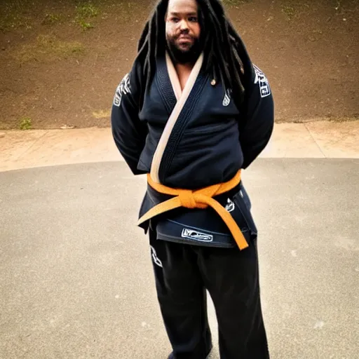 Image similar to photo of chubby black bjj athlete with long dreads posing, serious face, white belt, professional photo