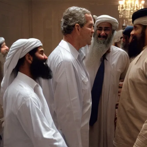 Image similar to george w bush shaking hands with osama bin laden, 8k cinematic lighting, very sharp detail, anatomically correct