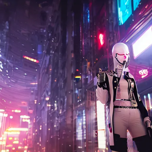 Image similar to anonymous guard with bling hair cyberpunk, crowd in front of building detailed, cinematic light, cinematic epic, unreal engine 4 k, 8 k, detailed, ultra realistic, anime