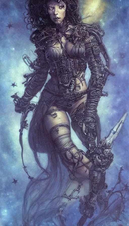 Image similar to portrait of female space pirate, night sky background, beautiful! coherent! by brom, by brian froud, deep color, strong line, high contrast