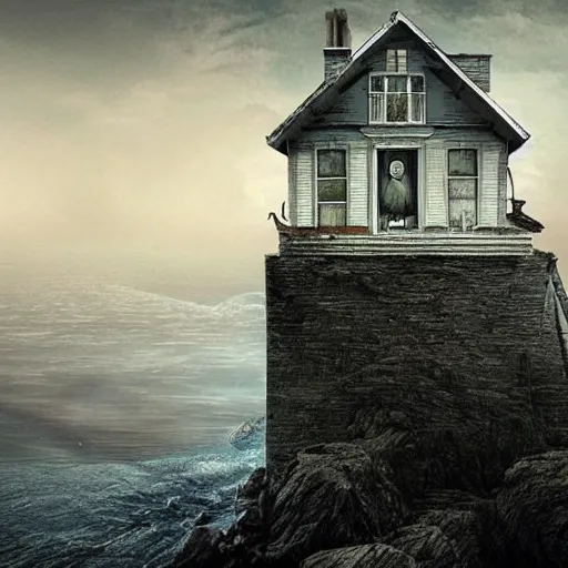 Image similar to house at the edge of the world, hyperdetailed, photorealistic, moody, surreal, creepy, atmospheric, old, run down