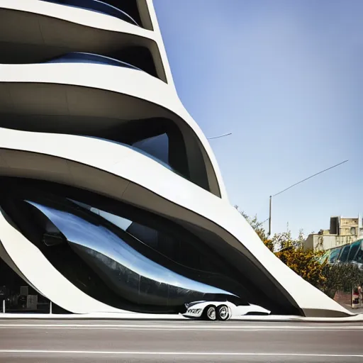 Image similar to corvette on front of building designed by zaha hadid, photorealistic, morning light