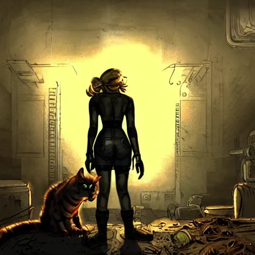 Prompt: fallout 5, concept art drawings of the opening scene, storyboard, concept art, comic style, female protagonist and large feline companion, atmospheric lighting, painted, intricate, volumetric lighting, beautiful, gritty, rich deep colours masterpiece, sharp focus, ultra detailed by jack kirby, ignacio fernandez rios, thierry doizon