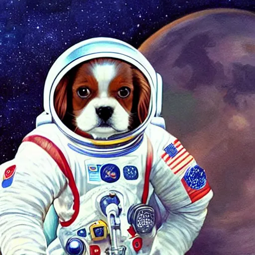 Prompt: cavalier king charles spaniel, wearing an cosmonaut helmet, russian cosmonaut, on the moon, art by artgerm and david a hardy