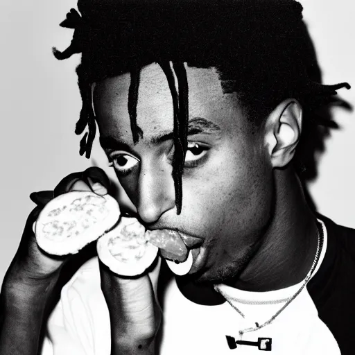 Prompt: a realistic photo of playboi carti eating a burger, film grain, vintage photo, high contrast