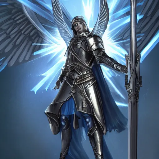 Prompt: An archangel man standing in a medieval battlefield holds a white fantasy sword above his head, light comes down from above and refracts off of the swords tip into shattered beam fragments around his body, artstation, award winning art, highly detailed incredible art