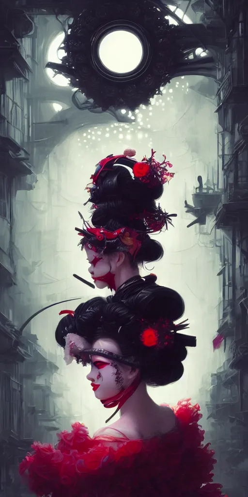 Prompt: lolita, alterd carbon, vampre the masquerade, geisha, neon, atmospheric, detailed intricate render, fibbonacci, dark atmosphere, detailed illustration, hd, 4 k, digital art, overdetailed art, surrealistic, by greg rutkowski, by loish, complementing colors, trending on artstation, deviantart