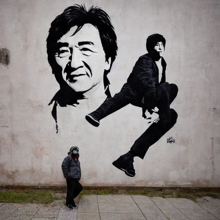 Image similar to Street-art full-body portrait of Jackie Chan in style of Banksy