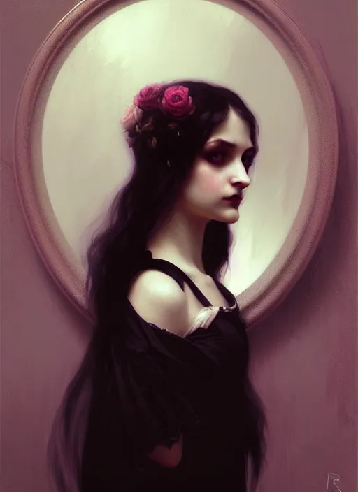 Image similar to character concept portrait of a gothic girl looking in a mirror with a skull reflection, victorian, intricate, elegant, digital painting, concept art, smooth, sharp focus, illustration, by Ruan Jia and Mandy Jurgens and William-Adolphe Bouguereau, Artgerm