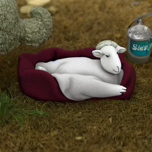 Prompt: 3d diorama of a cute sheep sleeping in a bed covered in quilts while it rains outside