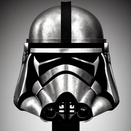 Prompt: bust portrait of a knight, high detail, silver, steel, helmet, ornate decoration, gold trim, storm trooper, diffused lighting, runic etching, mandalorian, darth revan, star wars, octane, unreal 5