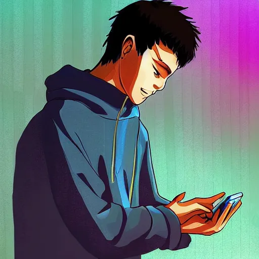 Image similar to a male teenager praying for a divine smartphone in front of him, digital art, anime style