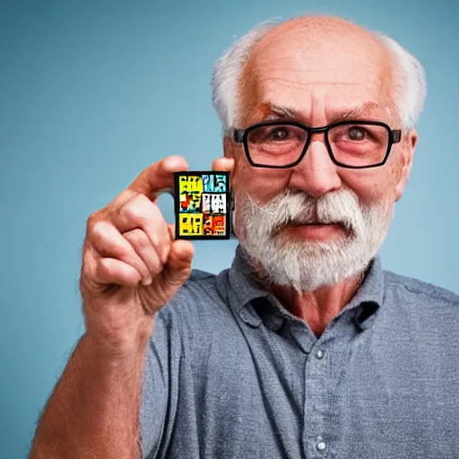 Image similar to an old man holding up a lego figure to the camera