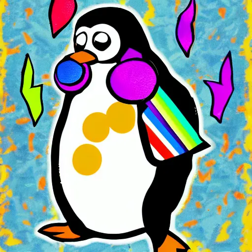 Prompt: a penguin having an acid trip