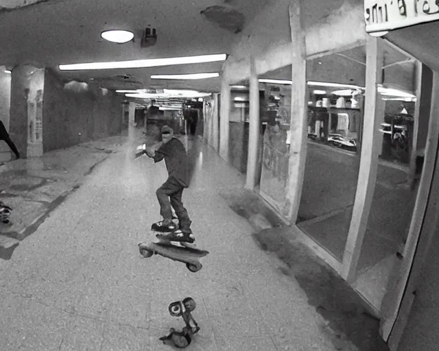 Image similar to camera footage of a Darpa Robots trying to stop skateboarders in an abandoned shopping mall, high exposure, dark, monochrome, camera, grainy, CCTV, security camera footage, timestamp, zoomed in, fish-eye lense, Robot, Skateboarding, Drone, Intense, Darpa,