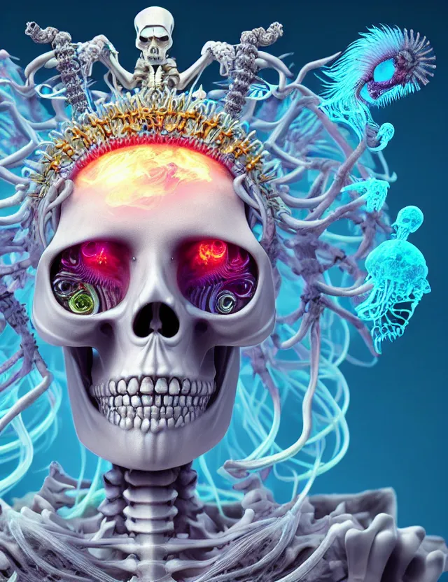 Image similar to 3 d goddess skeleton macro close - up portrait with crown made of ram skull. betta fish, jellyfish phoenix, bioluminiscent fire, plasma, ice, water, wind, creature, super intricate ornaments artwork by tooth wu and wlop and beeple and greg rutkowski