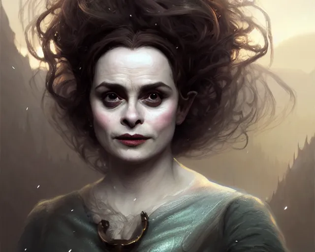 Image similar to highly detailed portrait of helena bonham carter as a bald elf, in skyrim, stephen bliss, unreal engine, fantasy art by greg rutkowski, loish, rhads, ferdinand knab, makoto shinkai and lois van baarle, ilya kuvshinov, rossdraws, tom bagshaw, global illumination, radiant light, detailed and intricate environment