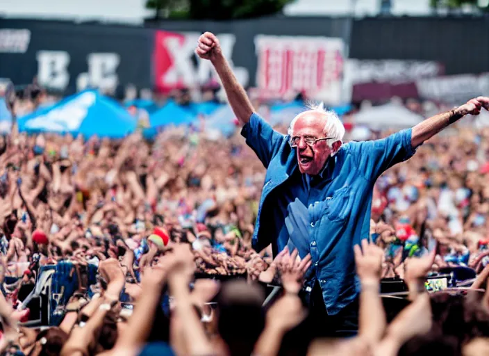 Image similar to photo still of bernie sanders at vans warped tour!!!!!!!! at age 8 0 years old 8 0 years of age!!!!!!! stage diving into a crowd, 8 k, 8 5 mm f 1. 8, studio lighting, rim light, right side key light