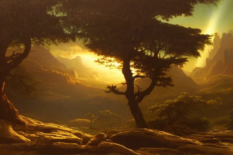 Image similar to sci-fi landscape, dramatic lighting, hudson river school painting, cinematic