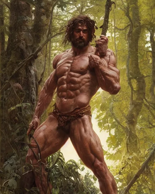 Image similar to god of the forest, 3 0 years old, rugged, male, gorgeous, detailed face, amazing, thighs!!!!!!, muscular, intricate, highly detailed, digital painting, artstation, concept art, sharp focus, illustration, art by greg rutkowski and alphonse mucha