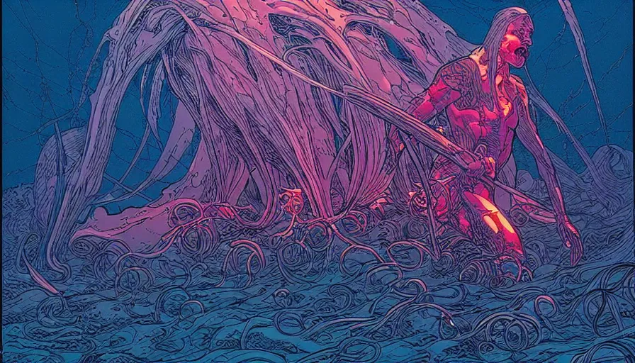 Prompt: elden ring by moebius and kilian eng, atmospheric, fine details, vivid, neon, masterpiece