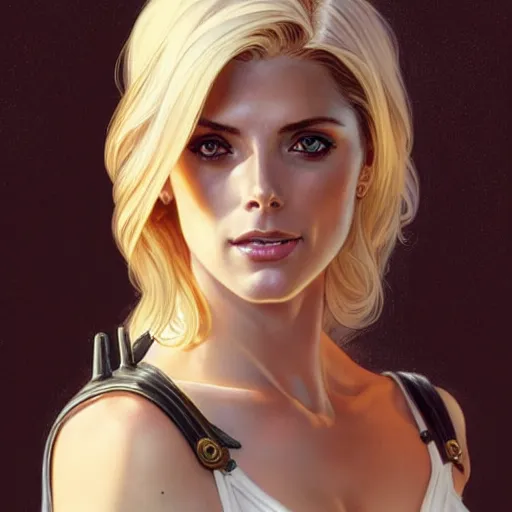 Image similar to Ashley Greene with blonde hair as Power Girl, western, D&D, fantasy, intricate, elegant, highly detailed, digital painting, artstation, concept art, matte, sharp focus, illustration, art by Artgerm and Greg Rutkowski and Alphonse Mucha