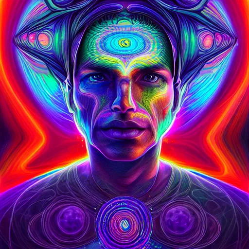 Prompt: a psychedelic being living in an extradimensional reality, in the style of wlop and alex grey, illustration, epic, fantasy, hyper detailed, smooth, unreal engine, sharp focus, ray tracing
