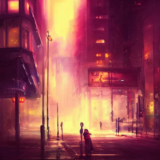 Image similar to a beautiful paiting of Night Life of downtown street by Ross Tran, dark ambient, beautiful, UHD, hyperrealism, Surreal and Fantasy Art, absurdist