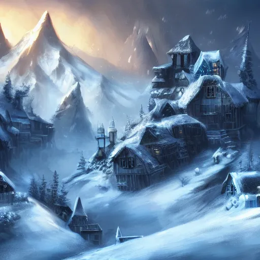 Image similar to dark fantasy concept art of a snow mountain with a small village on it at night, dynamic lighting, ambient lighting, atmospherical, stunning visuals, creative, cinematic, ultra detailed trending on art station, 8k quality, lonely vibe