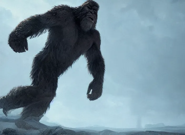 Image similar to close up cinematic artwork of bigfoot staring down the enemy on the battlefield by Greg Rutkowski, 4k, masterpiece