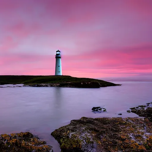 Prompt: lonely lighthouse stands near the river in which the sirens are splashing, red sky, more details