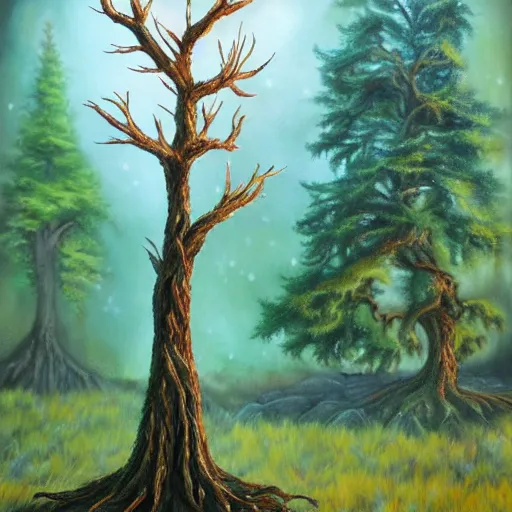 Prompt: A 7 year old tree, fantasy painting, lots of detail